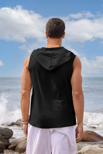 Vista 4 de Gafeng Sudadera de lino sin mangas para hombre, para verano, playa, casual, hippie, entrenamiento, con botones de rana muscular, camiseta sin mangas