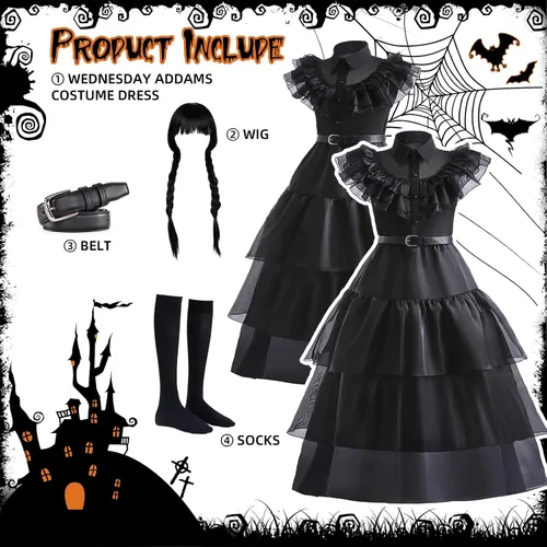 Vista 6 de Wednesday Addams Dress for Kids Girls,Addams Family Costumes Halloween Cosplay Party Dress