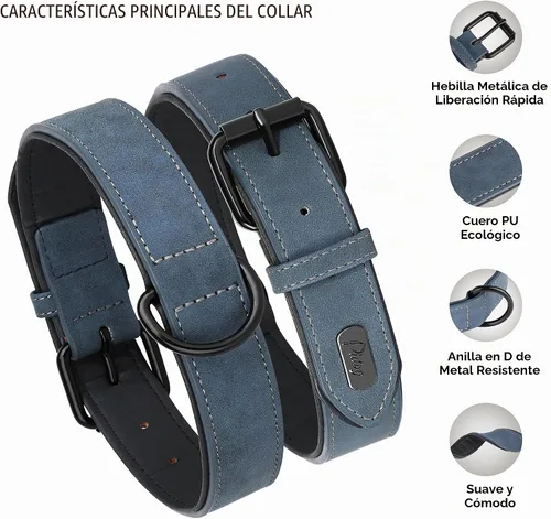 Vista 3 de Didog Collar de Perro de Cuero PU Suave Acolchado, Transpirable y Ajustable Collares para Perros Pequeños, Cómodo para Caminata Diaria, Azul, M