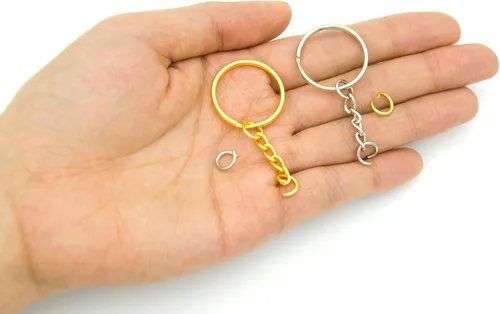 Vista 3 de 100 juegos de llaveros de 1 pulgada, llavero redondo dividido dorado con cadena y anillos de salto abiertos para hacer llaveros de bricolaje