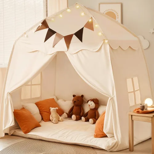 Vista 8 de Tienda de Juegos Extra Grande para Niños con Banderas y Luces de Estrella, Tipi Portátil y Plegable, Tiendas de Cama Dosel de Cama para Niños