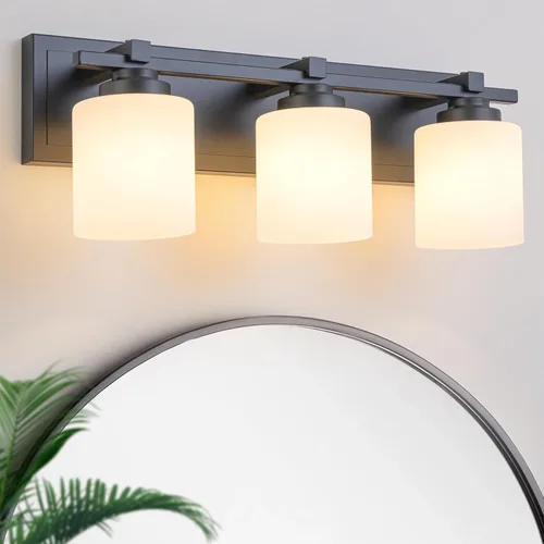 Vista 14 de 1 Luminaria Moderna de Baño sobre Espejo, Luces de Tocador Negro Dorado para Apliques de Pared de Baño con Pantallas de Vidrio Blanco Lechoso