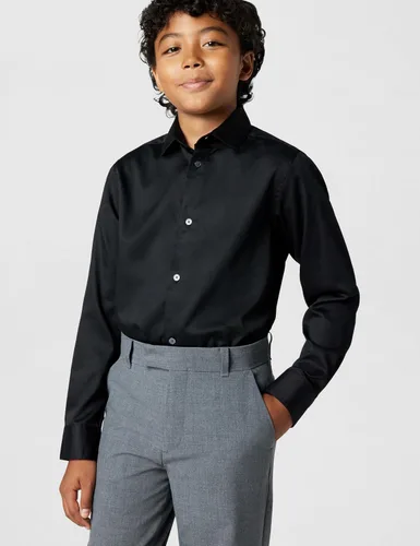Vista 4 de Calvin Klein Boys' Long Sleeve Sateen Dress Shirt, Button-Down Style with Buttoned Cuffs & Shirttail Hem Negro