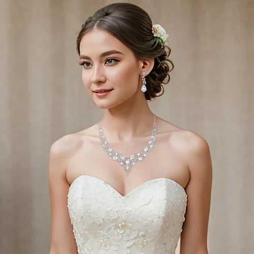 Vista 3 de BriLove Women's Wedding Statement Necklace Dangle Earring Jewelry 01-Tono plateado transparente
