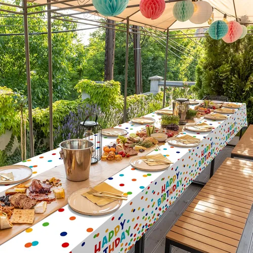 Vista 8 de Paquete de 1 mantel de plástico para decoración de cumpleaños, manteles desechables de lunares coloridos, mantel rectangular impermeable para niñas