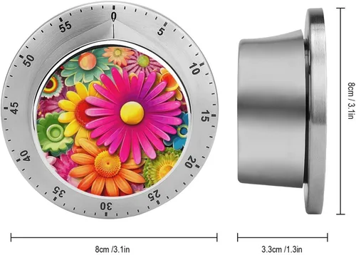 Vista 2 de Cartoon Style Flowers Mechanical Kitchen Timer for Cooking 60 Min with Magnetic Backing Loud Alarm,Stainless Steel Wind Up Countdown Timer Cute Egg