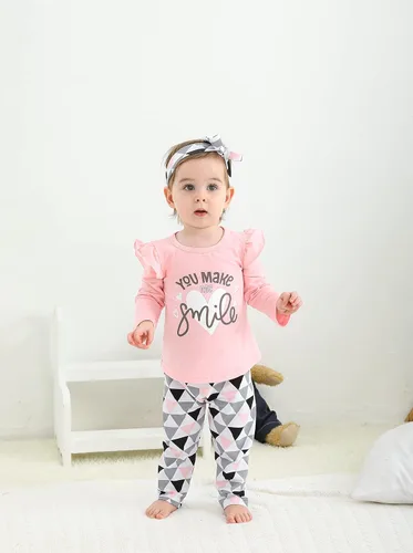 Vista 3 de Conjunto de 3 piezas de ropa de bebé niña de manga larga con letras pantalones casuales y diadema