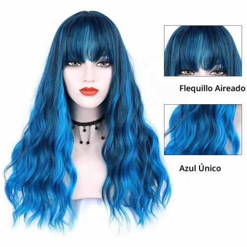 Vista 2 de Peluca azul con flequillo, peluca larga ondulada azul con flequillo de aire, pelucas sintéticas para mujer, pelucas rizadas para uso diario