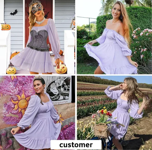 Vista 7 de Exlura - Vestido de manga larga para mujer con cuello cuadrado, holanes, cintura elástica, acampanado, amarre posterior, estilo casual y corto
