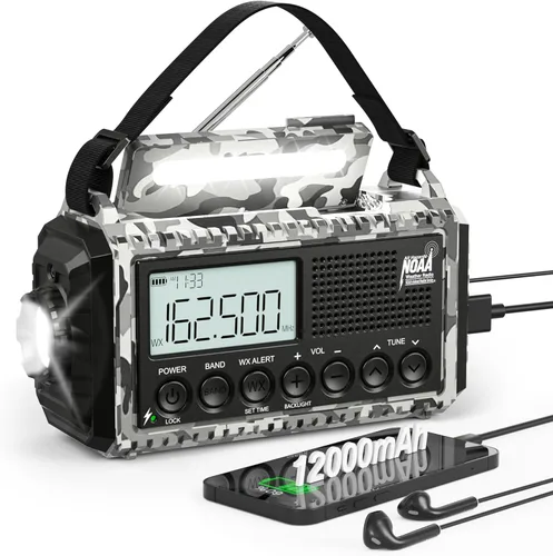 Vista 14 de Eoxsmile NOAA - Radio meteorológica de 12000 mAh, radio de emergencia con manivela manual, solar, funciona con pilas, radio portátil de onda corta