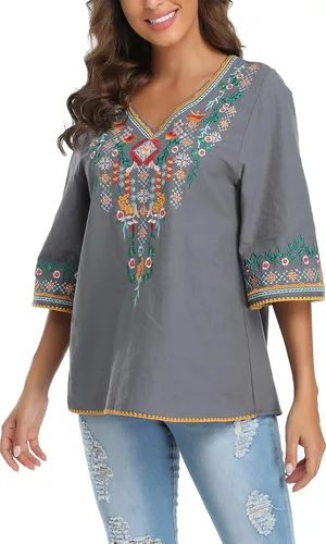 Vista 2 de YZXDORWJ Blusa campesina mexicana bordada con cuello en V para mujer