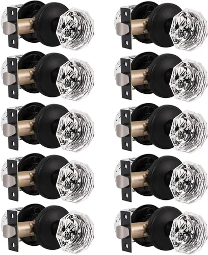 Vista 16 de Gobrico Pomo de puerta de cristal para dormitorio y baño con roseta clásica negro mate, diamante transparente octogonal para puerta interior, 1