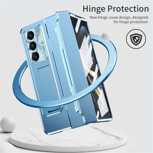 Vista 3 de Funda para Samsung Galaxy Z Fold 5 2023, carcasa de una pieza Z Fold5 con función atril y protector de pantalla, protección completa (azul)