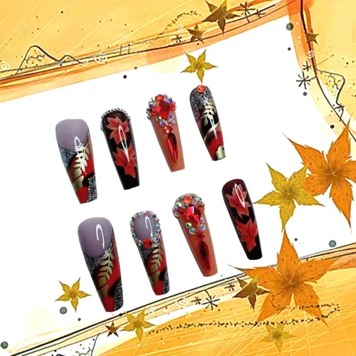 Vista 2 de 24 uñas postizas largas a presión con diseño de ataúd con diamantes de imitación, uñas postizas de cobertura completa, uñas postizas de otoño