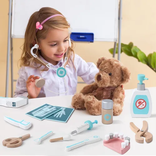 Vista 5 de umu Kit de médico para niños, juguete de simulación de 36 piezas de madera para niños pequeños, kit de dentista Montessori Toys para niños y niñas