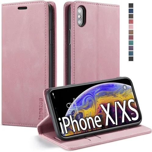 Vista 17 de japezop Funda tipo cartera compatible con iPhone Xs/iPhone X con tarjetero y bloqueo RFID, funda de cuero suave con soporte magnético y funda Negro