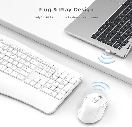 Vista 6 de Combo ergonómico de teclado y mouse, teclado inalámbrico de computadora de tamaño completo con reposamuñecas de palma mouse ergonómico para Blanco