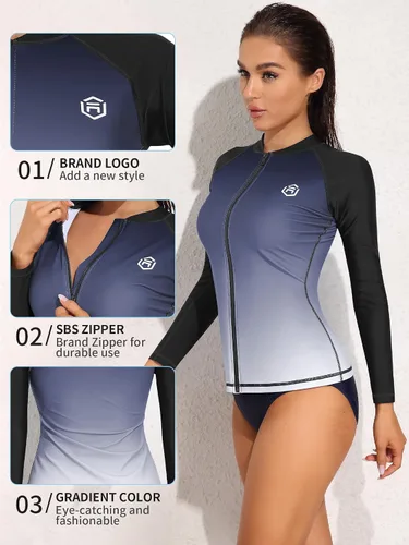 Vista 4 de ATTRACO Traje de baño de manga larga para mujer, con protección solar UV, cremallera y degradado