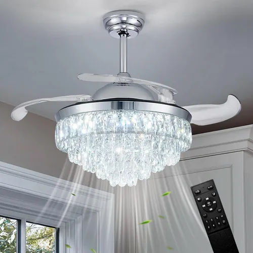 Vista 10 de CLAIRDAI Ventilador de techo de 42" de oro con candelabro de cristal y luces con APP y control remoto, lámparas regulables, 3 cambios