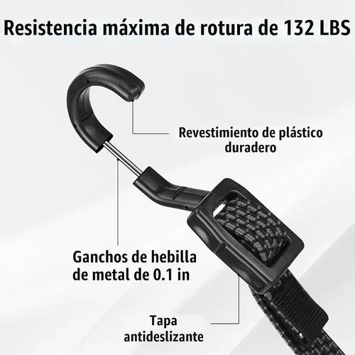 Vista 4 de Cuerdas Elásticas con Ganchos de Alta Resistencia, Cuerdas Elásticas Planas Ajustables con Ganchos de 32 Pulgadas, Correas Elásticas de Goma Negras