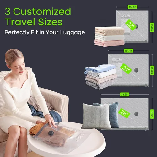 Vista 3 de 9 Pack Bolsas de Almacenamiento al Vacío de Viaje con Bomba Eléctrica USB, Bolsas de Tamaño de Equipaje de Mano de Ahorro de Espacio para Ropa