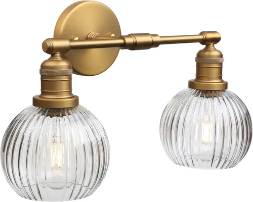 Vista 9 de Aplique industrial de pared de vidrio de doble brazo con pantalla de globo a rayas transparentes, lámpara de tocador de pared de 2 luces