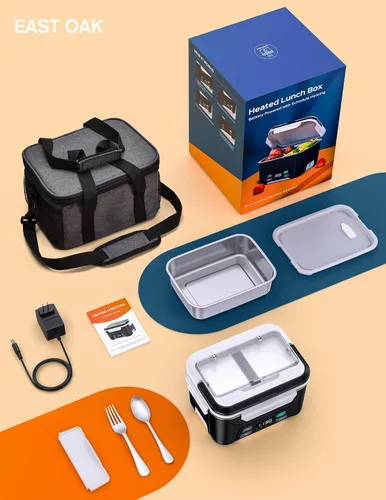 Vista 6 de EAST OAK Fiambrera eléctrica inalámbrica para adultos, lonchera calentada a pilas con calefacción automática, calentador de alimentos portátil