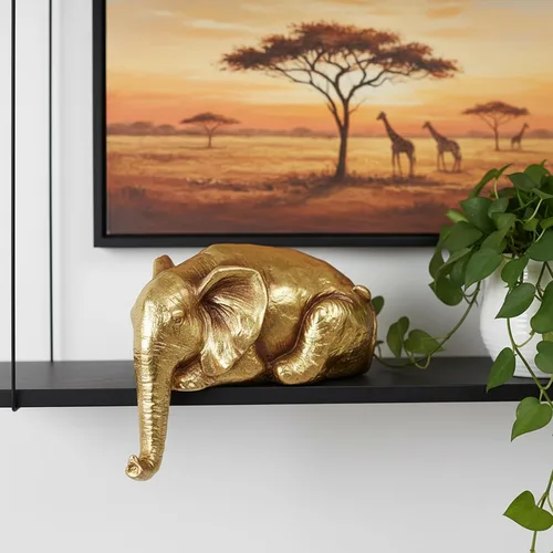 Vista 3 de Braxio Estatua de elefante para decoración del hogar, escultura abstracta de elefante dorado de resina para estantes, escritorio, mesa, oficina