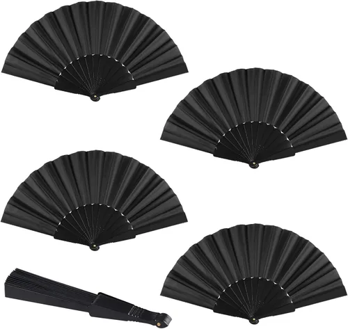 Vista 8 de Minelife 10 abanicos de mano plegables pequeños, estilo chino, japonés, ventilador de mano de verano, abanicos de tela vintage negros para fiestas