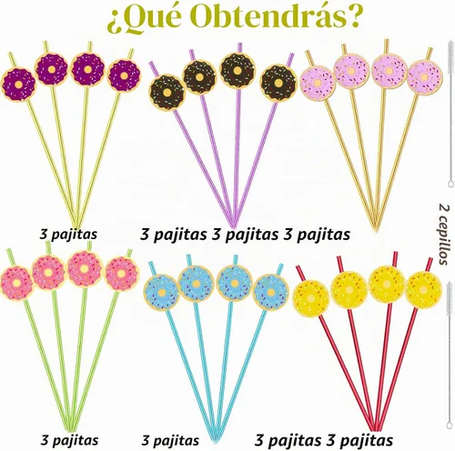 Vista 6 de 24 pajitas de arcoíris loco con forma de dona, recuerdos de fiesta de donas