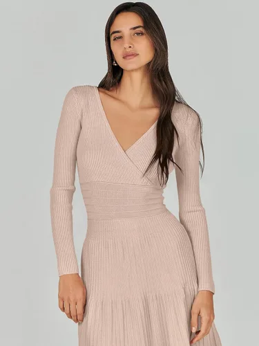 Vista 4 de ANRABESS Vestido midi cruzado tipo suéter para mujer, manga larga, cuello en V, cintura alta, acanalado, plisado, vestido acampanado