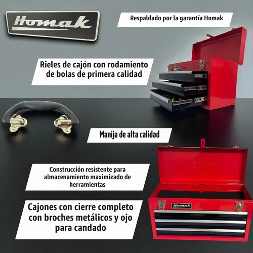 Vista 3 de Caja de herramientas portátil de metal Homak, de 20 pulgadas, con 3 cajones, pequeño cofre de herramientas con forros EVA, cajones deslizantes