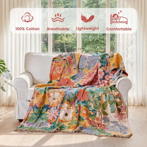 Vista 200 de MSGKV - Manta bohemia/primaveral de algodón para sofá y sala de estar, de gasa acogedora, de 50 x 60 pulgadas 50"x60" Cotton Throw, Woven Bird