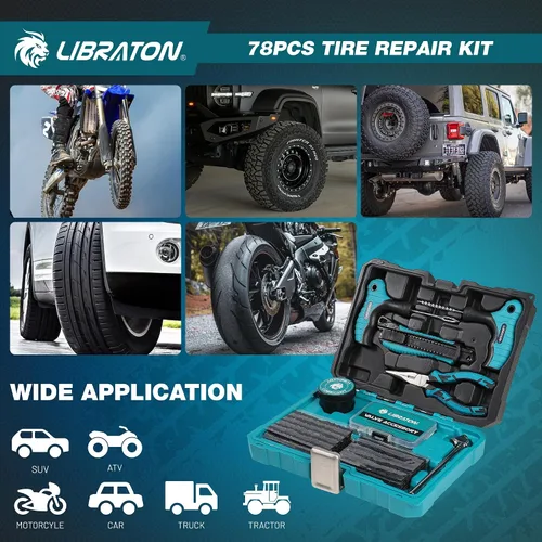 Vista 7 de Kit de reparación de neumáticos Libraton, kit de 78 piezas de tapones para neumáticos, herramientas profesionales resistentes para arreglar
