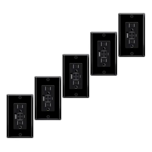 Vista 59 de Toma GFCI negra de 15 amperios con puertos USB C y USB-A, 1 unidad de 24 W de autotprueba GFCI USB Combo con indicador LED, resistente a