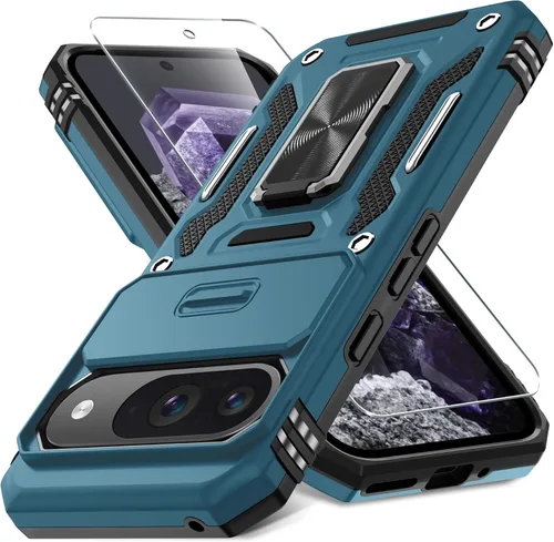 Vista 25 de DEERLAMN Funda para Google Pixel 8 con cubierta deslizante para cámara + protector de pantalla (1 paquete), soporte de anillo giratorio grado