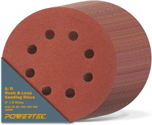 Vista 30 de POWERTEC Grano 40, paquete de 25, discos de lijado de 6 pulgadas – Gancho y bucle, almohadillas de lijadora orbital de óxido de aluminio de 6