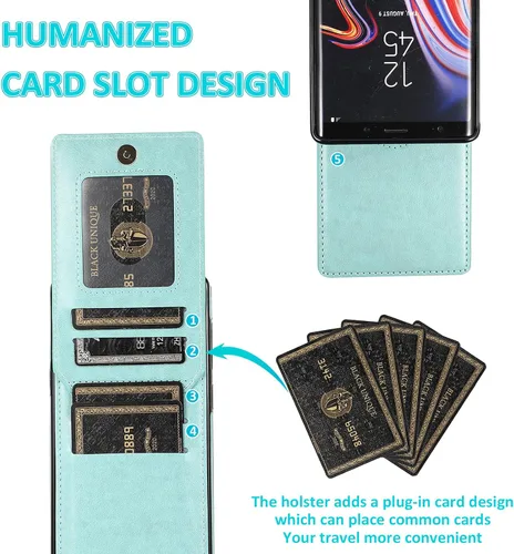 Vista 4 de Funda tipo cartera de piel verde para Samsung Galaxy Note 9 con protector de vidrio templado, tarjetero y función atril