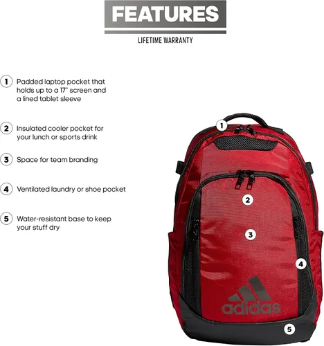 Vista 2 de adidas 5-Star Team - Mochila unisex para adulto, Rojo, talla única