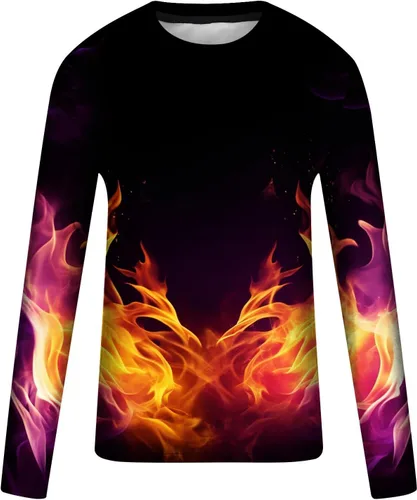 Vista 4 de Flame Graphic T-Shirt Tees Mens Long Sleeve Workout Tops Slim Fit Lightweight Round-Neck Pullover Tunic Hip Hop Tee