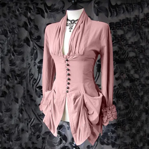 Vista 2 de SHOPESSA Blusa gótica renacentista para mujer con corsé, manga abombada, camisas victorianas steampunk irregulares para disfraz de Halloween
