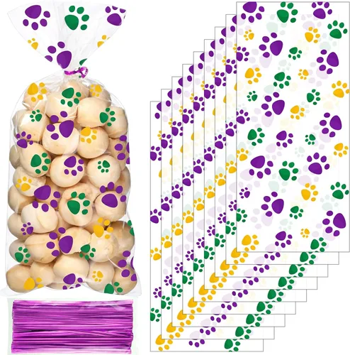 Vista 12 de Blulu 100 bolsas de golosinas para perros, recuerdos de fiesta para cachorros, bolsas de celofán con cono de pata de mascota, dulces sellables por