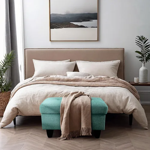 Vista 6 de GRETERST Banco otomano rectangular de almacenamiento, reposapiés de lino con tapa con bisagras para sala de estar, dormitorio, entrada, verde, 28.5