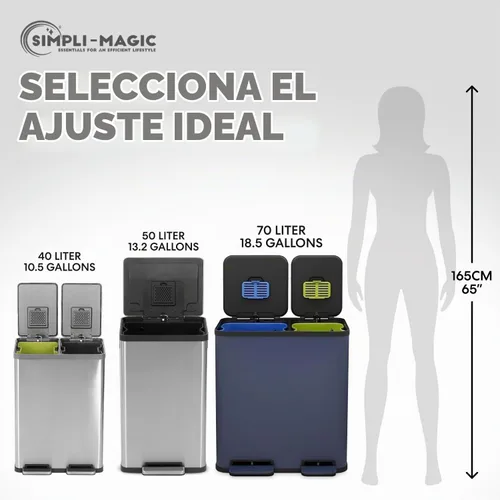 Vista 4 de Cubo de basura rectangular de 70 litros/18.5 galones con pedal, sin contacto manual, doble compartimento para reciclaje de cocina, con tapa Azul