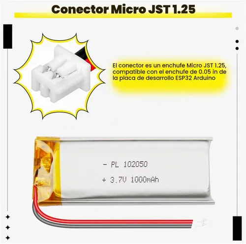 Vista 4 de 102050 3.7V 1000mAh LiPo Batería - Batería recargable de polímero de litio con placa de protección y conector Micro JST 1.25 para dispositivo