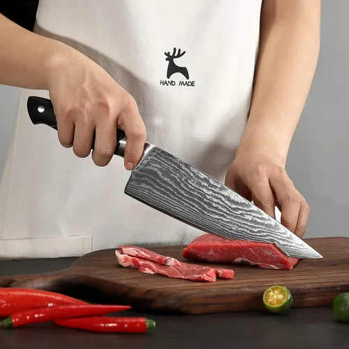 Vista 6 de NANFANG BROTHERS Cuchillo de chef de 8 pulgadas, 67 capas VG10 de acero de damasco, mango ergonómico de triple remache ABS antideslizante