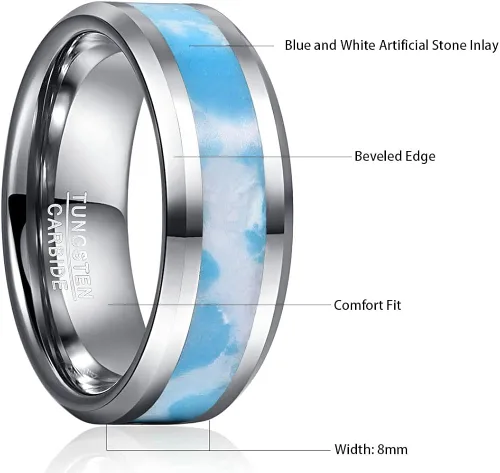 Vista 5 de MEILING LINGMEI Mens Tungsten Rings 8mm Blue and White Artificial Stone Inlay Wedding Bands Comfort Fit Size 7-12