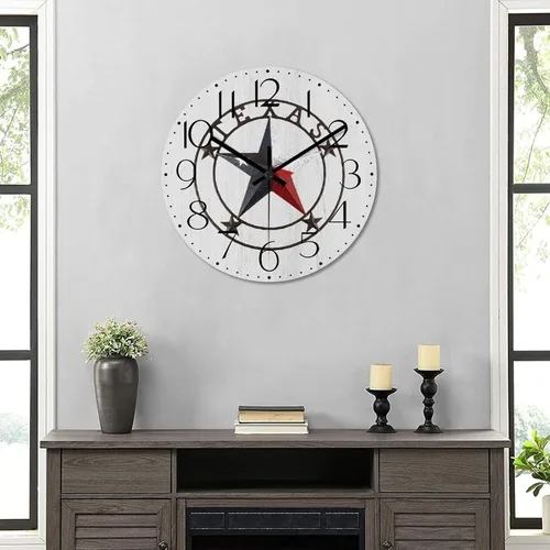 Vista 6 de Reloj de pared redondo estilo clásico con estrella de Texas occidental, reloj de madera, silencioso, sin tictac, funciona con pilas, fácil de leer