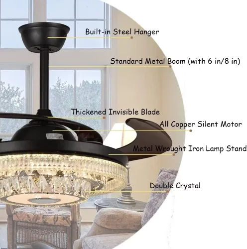 Vista 5 de Modernos ventiladores de techo de cristal de 42 pulgadas con luces y control remoto 7 colores regulables/Bluetooth/rotación bidireccional - Negro 3