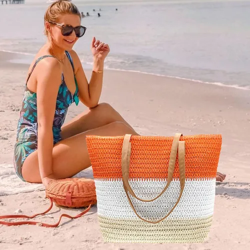 Vista 50 de Bolso grande de paja para mujer, tejido de ratán, bolso de playa de verano, a rayas